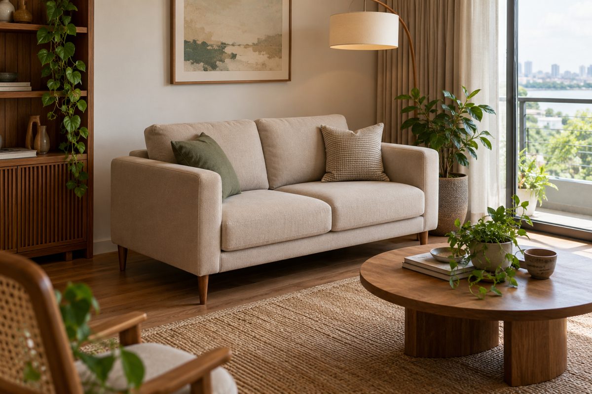 Ảnh minh họa AI sofa băng hai chỗ màu be trong căn hộ