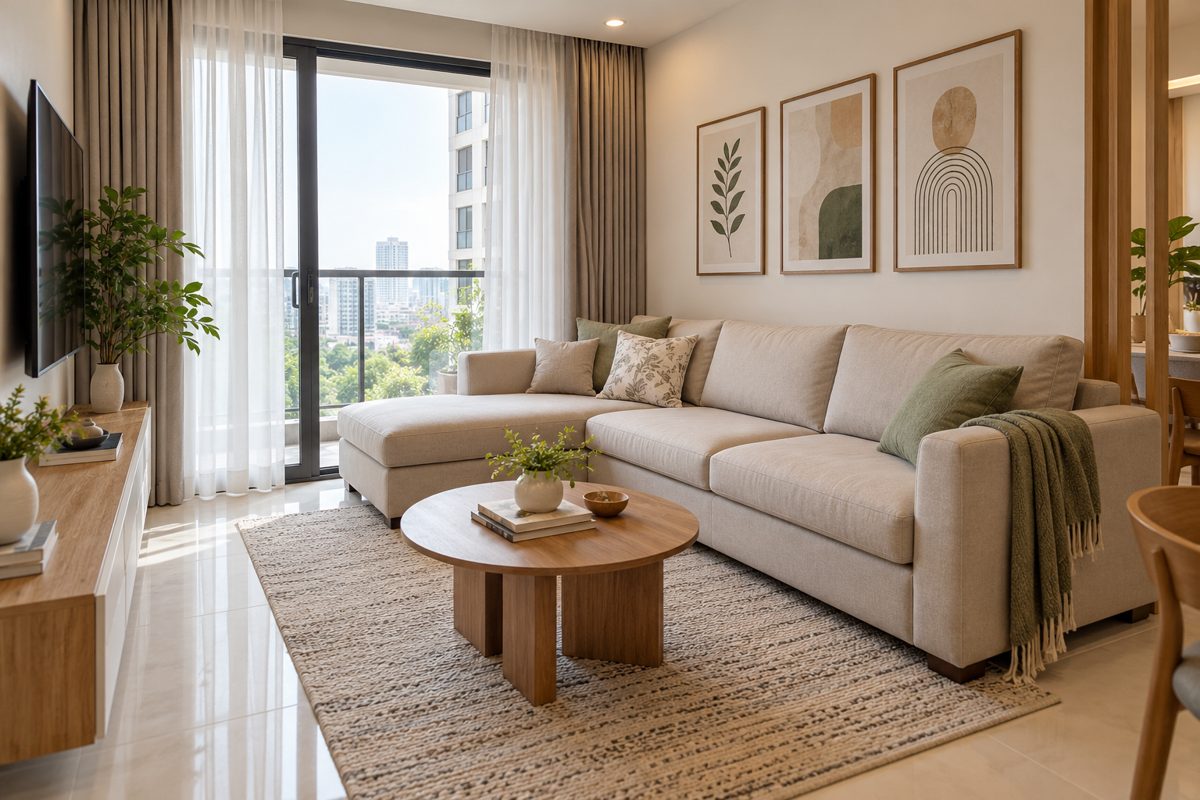Ảnh minh họa AI cho chủ đề sofa góc L phòng khách nhỏ