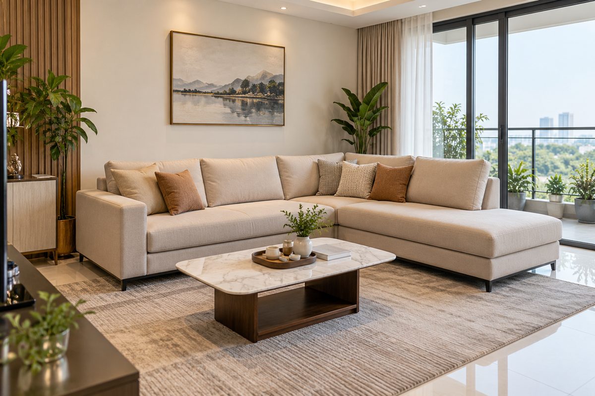 Ảnh minh họa AI cho chủ đề cách kê sofa góc L