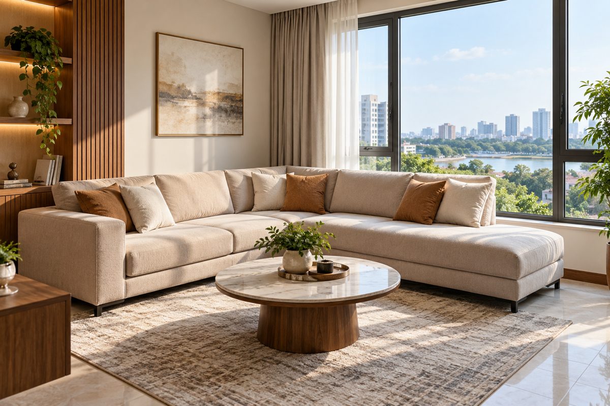 Ảnh minh họa AI cho chủ đề sofa góc L sát cửa sổ