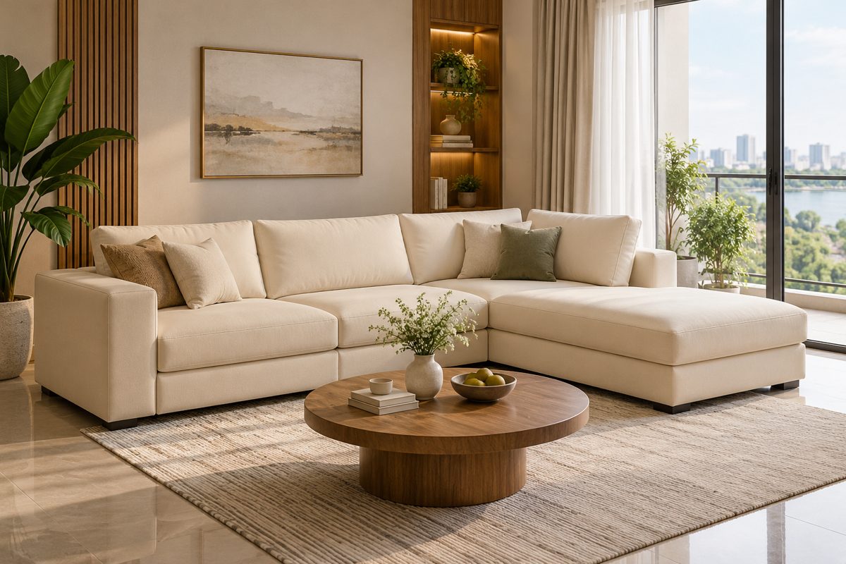 Ảnh minh họa AI cho chủ đề sofa góc L màu kem