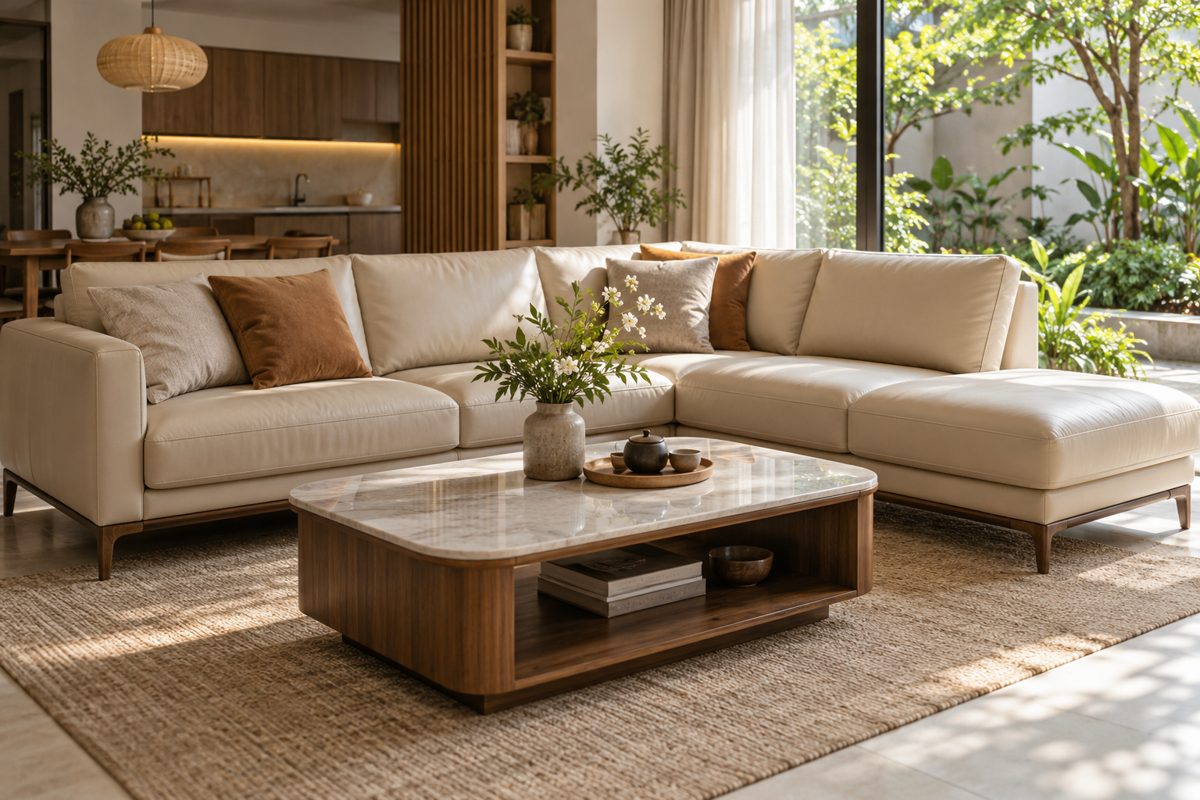 Ảnh minh họa AI cho chủ đề bàn trà cho sofa góc L