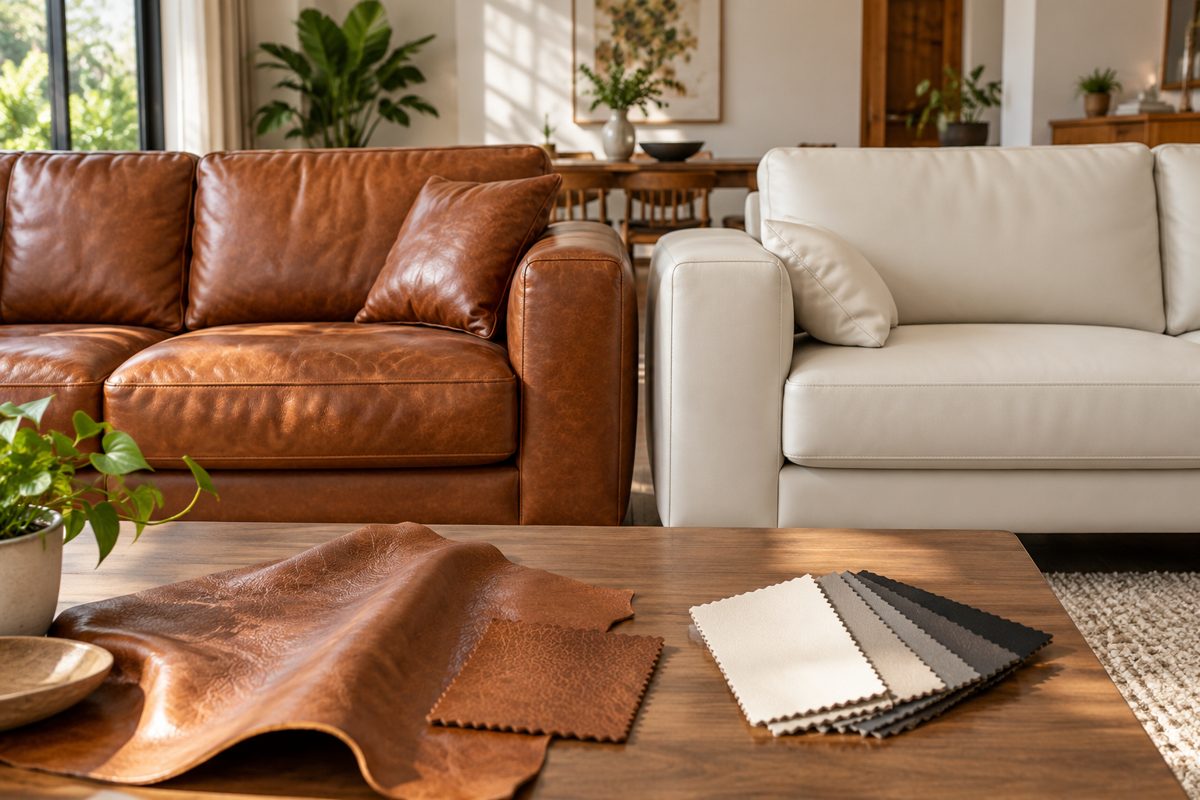 Ảnh minh họa AI cho chủ đề sofa da thật và da công nghiệp