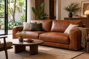 Ảnh minh họa AI cho chủ đề sofa da thật màu nâu cognac