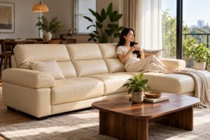 Ảnh minh họa AI cho chủ đề sofa da thật màu sáng