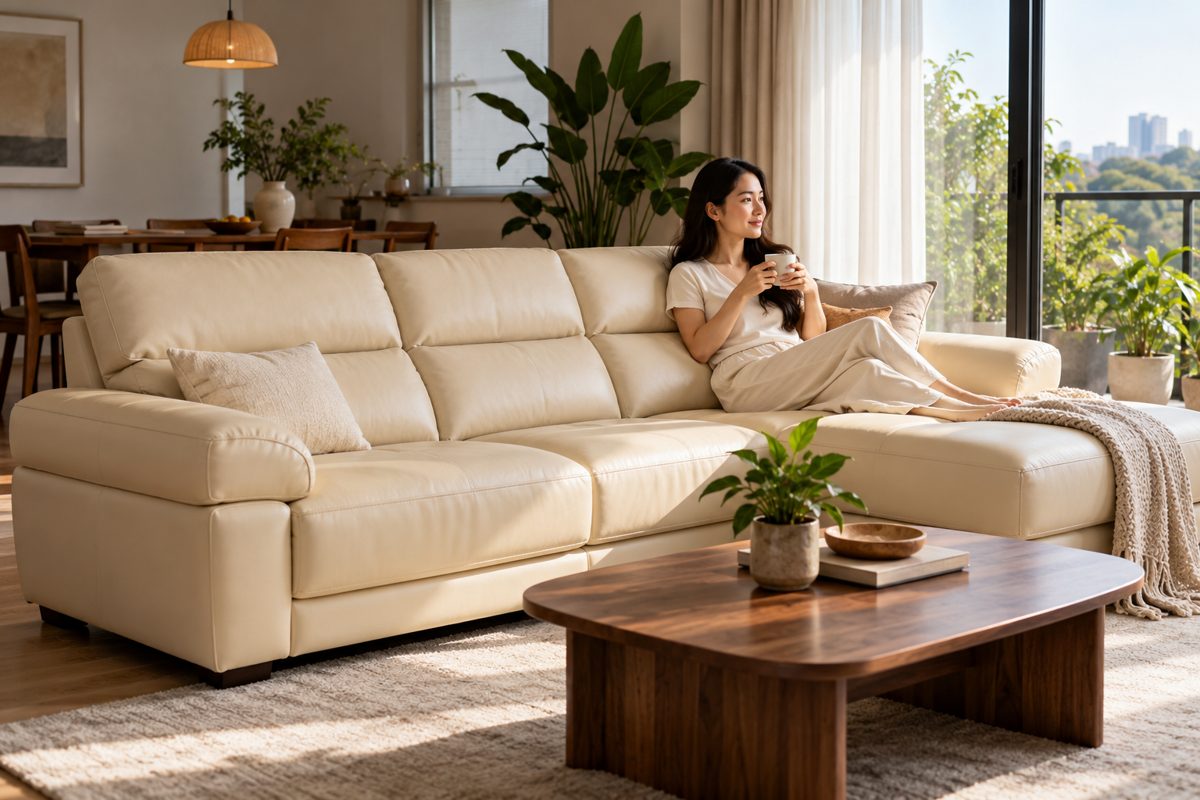 Ảnh minh họa AI cho chủ đề sofa da thật màu sáng