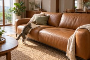 Ảnh minh họa AI cho chủ đề sofa da thật cho nhà có mèo