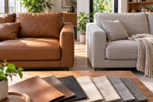 Ảnh minh họa AI cho chủ đề sofa da microfiber và sofa vải