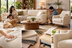 Ảnh minh họa AI cho chủ đề sofa da microfiber màu kem