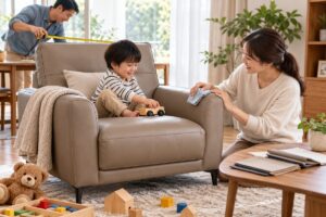 Ảnh minh họa AI cho chủ đề sofa da microfiber cho nhà có trẻ nhỏ