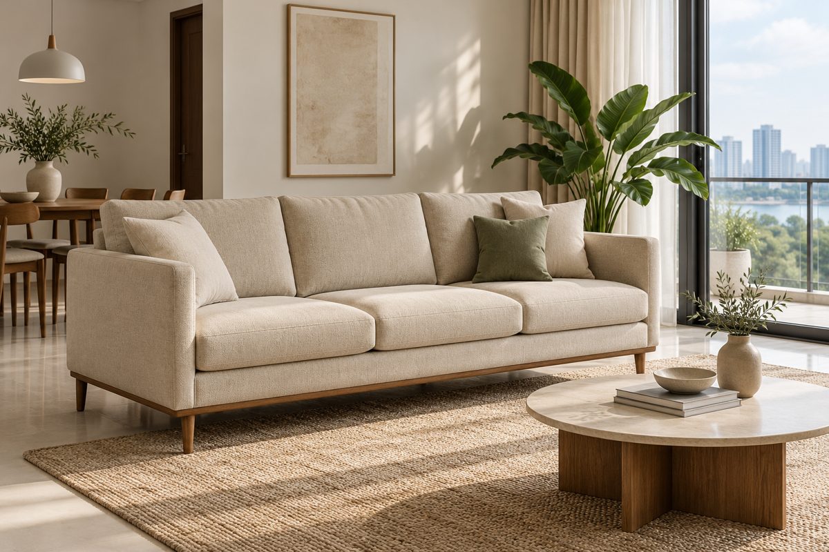 Ảnh minh họa AI sofa băng ba chỗ màu be trong phòng khách hiện đại